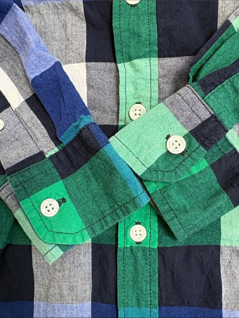 Old Navy Plaid Built-In Flex Button Down Shirt Size M (8) Green Blue Flawless